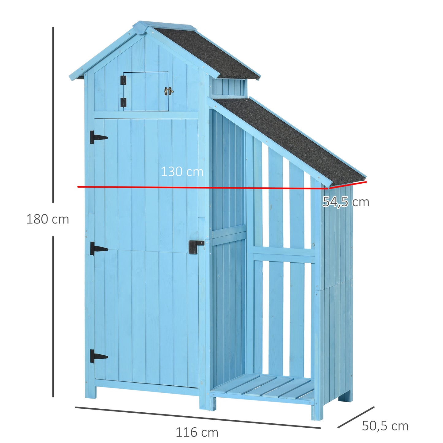 Outsunny tuinhuis met gereedschapsschuur en opslag voor brandhout, 3 planken, asfalt dak, dennenhout, hemelsblauw, 130 x 54,5 x 180 cm