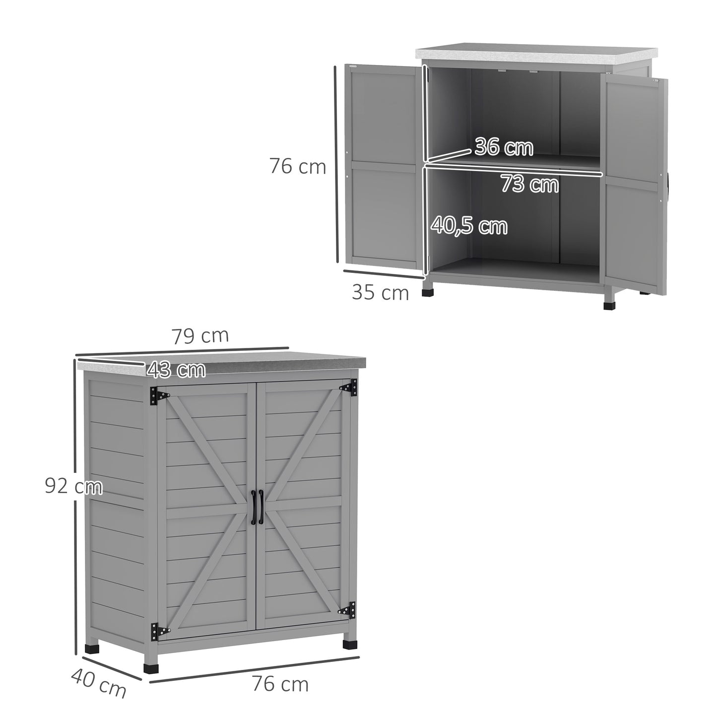 Outsunny tuinkast, buitenkast met werkblad, gereedschapskast, massief hout, staal, 79B x 43D x 92H cm, grijs