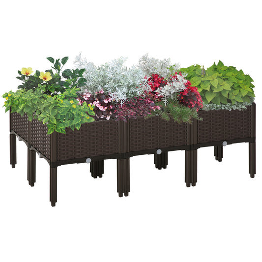 Outsunny Verhoogd Tuinbed, 6-delige Plantenbak met Afwateringsgaten, Bloembak met Rotanlook, DIY, Bruin, 40 x 40 x 44 cm