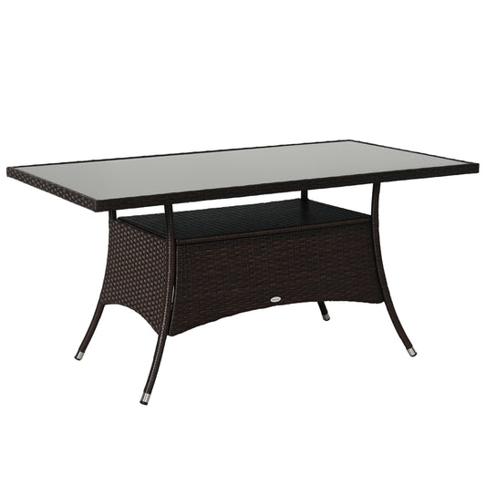 Outsunny Tuintafel, Glazen Tafel, Eettafel, Tuinmeubeltafel, Polyrotan + Veiligheidsglas, Bruin + Zwart, 150x85x74cm