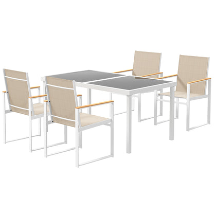 Outsunny 5-delige eetset, buitentafel van gehard glas, 4 stoelen, weerbestendig, stalen frame, tuinmeubilair, veelkleurig