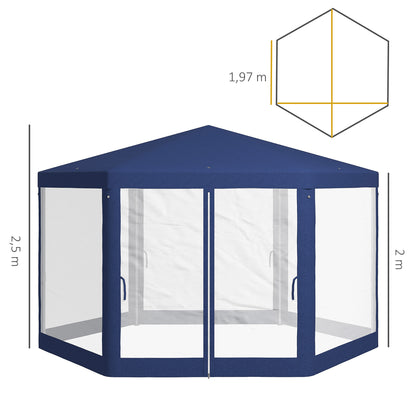 Outsunny tuinprieel, zeshoekig, vitrage, metalen frame, 3,94x3,412x2,5m, blauw