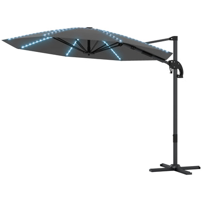 Outsunny Aluminium Cantilever Parasol LED Solar Ø300 cm Hoogte Verstelbare Zonnekap met Zwengelstandaard UV50+ Donkergrijs