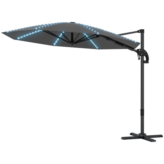 Outsunny Aluminium Cantilever Parasol LED Solar Ø300 cm Hoogte Verstelbare Zonnekap met Zwengelstandaard UV50+ Donkergrijs