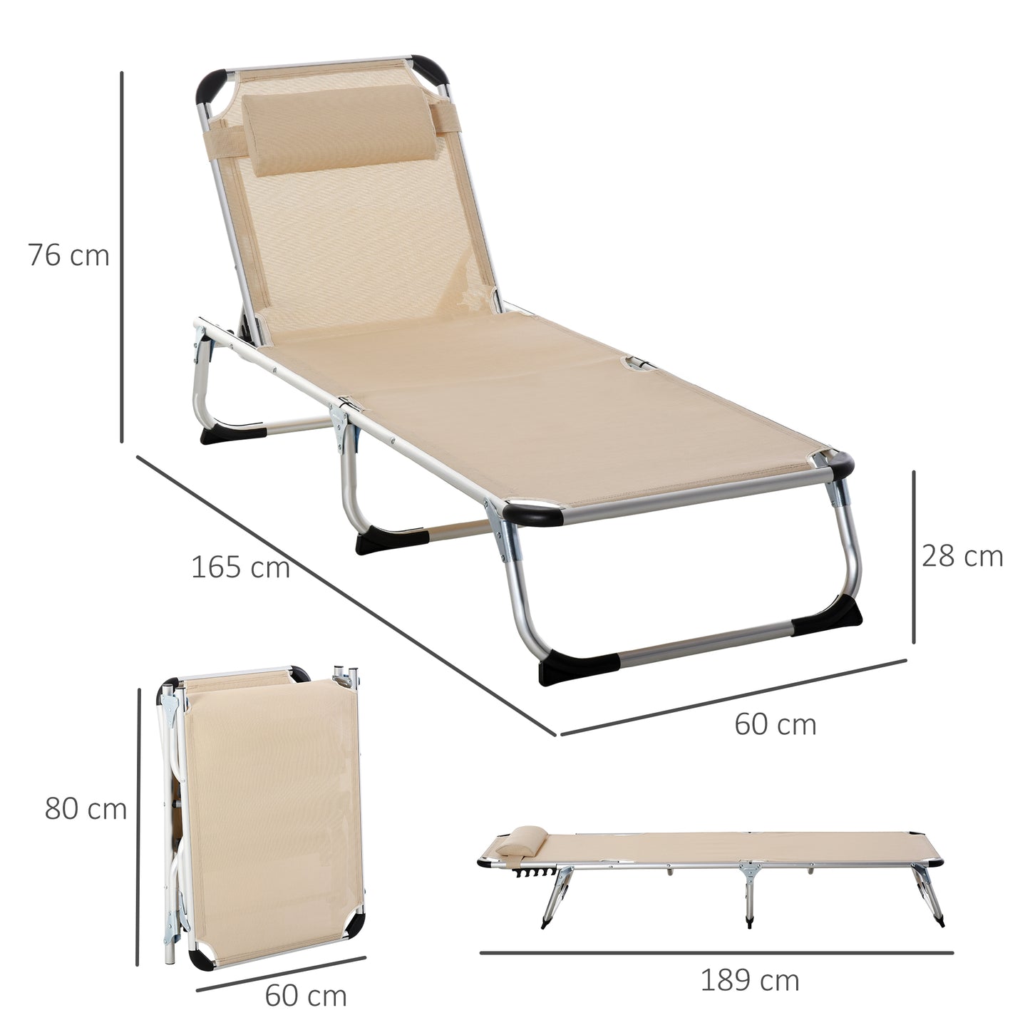 Outsunny Opvouwbare ligstoel, Tuinligstoel met hoofdsteun, Ergonomische relaxstoel met 4-standen verstelbare rugleuning, Aluminium, Draagvermogen tot 120 kg, voor tuin, terras, zwembad, strand, Beige