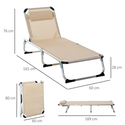 Outsunny Opvouwbare ligstoel, Tuinligstoel met hoofdsteun, Ergonomische relaxstoel met 4-standen verstelbare rugleuning, Aluminium, Draagvermogen tot 120 kg, voor tuin, terras, zwembad, strand, Beige