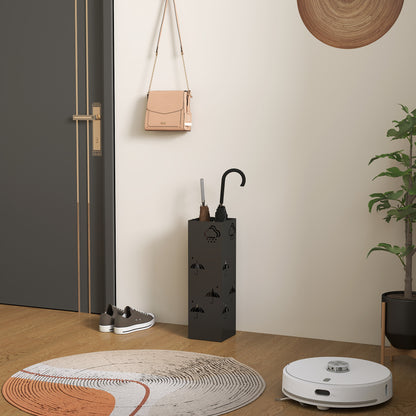 HOMCOM Metalen paraplustandaard, 4 haken, wolken- en paraplupatroon, lekbak, zwart