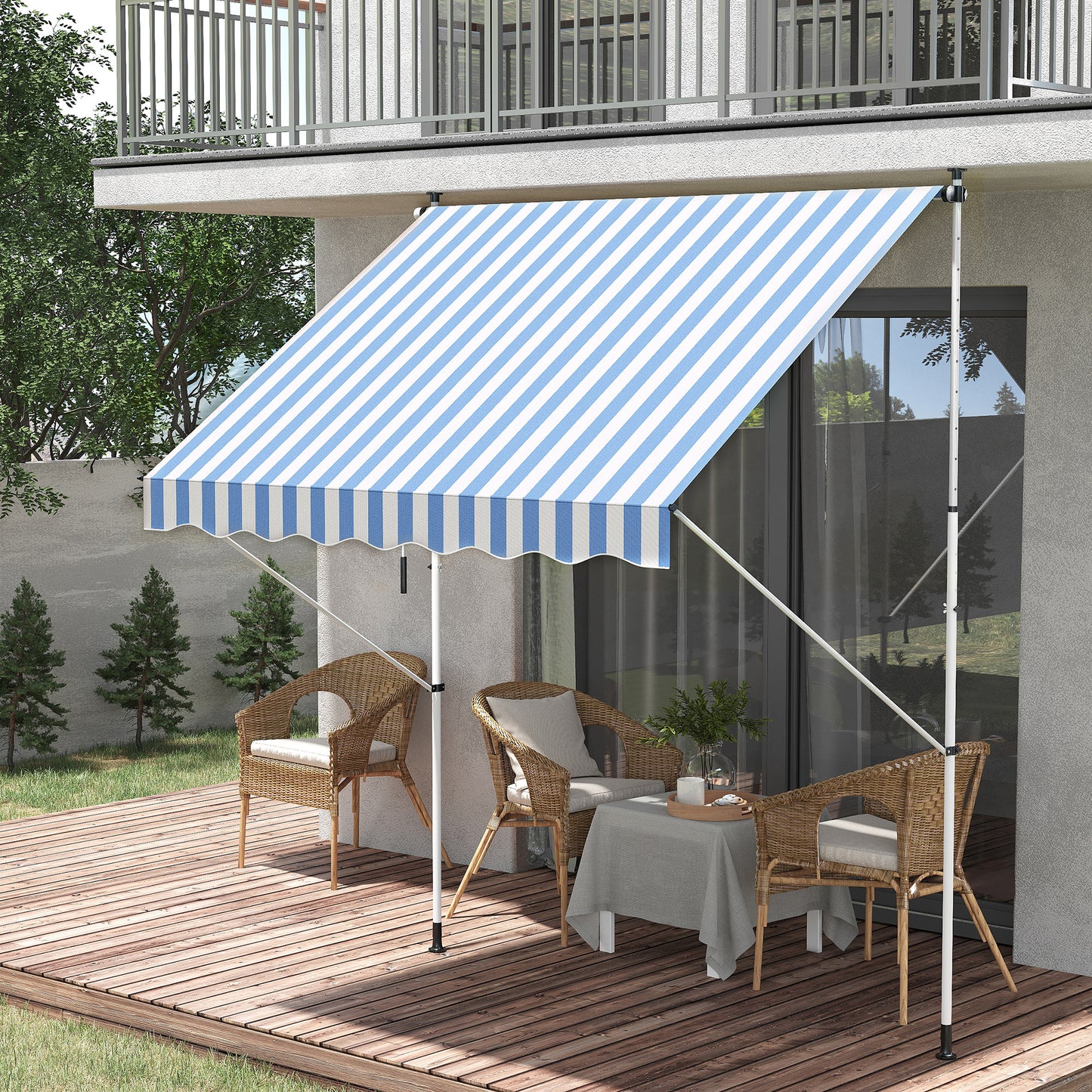 Outsunny klemzonnescherm met handslinger, in hoogte verstelbaar, knikarmzonnescherm, vuilafstotend, weerbestendig, balkonzonnescherm, 150 cm breed, terraszonnescherm voor terras, balkon, veranda, blauw+wit