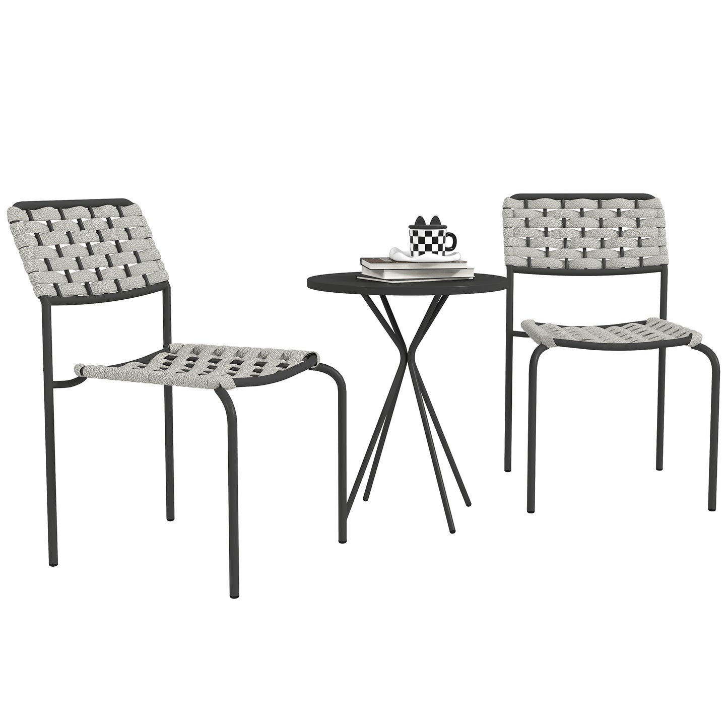 Outsunny Polyrattan Tuinmeubelset, Buitenlounge Balkonmeubel voor 2 Personen, 3-delige Set (2 Stoelen, Tafel, Grijs)