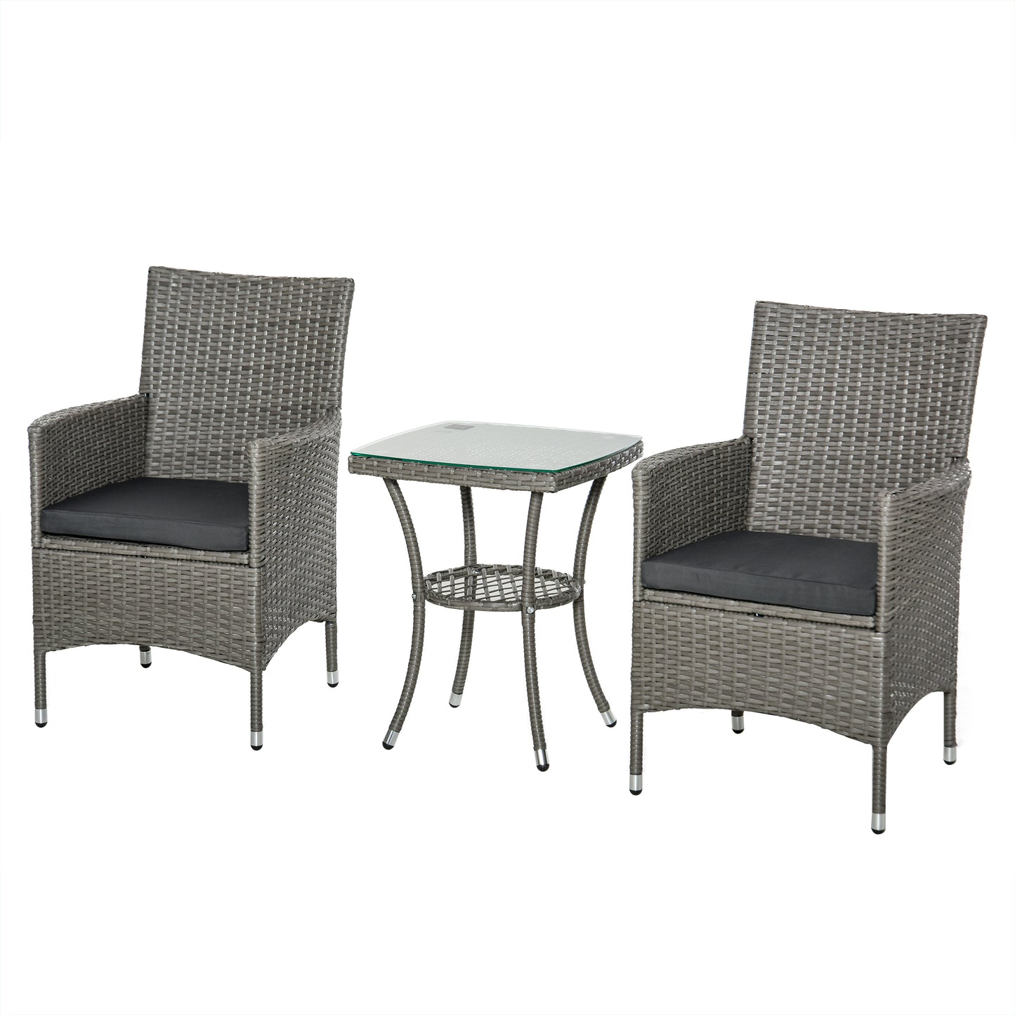 Outsunny Polyrattan Tuinmeubelset, Tuinmeubilair voor 2 Personen, 3-delige Zitgroep, 2 Stoelen, Tafel, Zitkussens, Tuinlounge voor Tuin, Terras, Balkon, Grijs