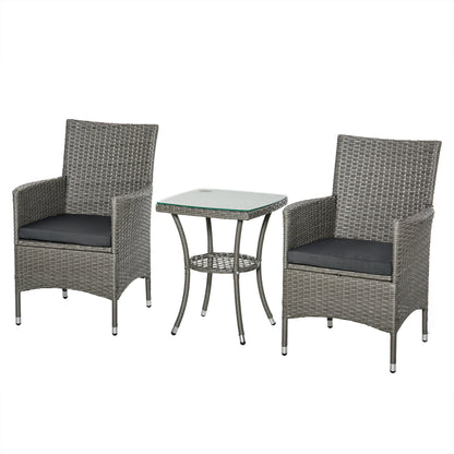 Outsunny Polyrattan Tuinmeubelset, Tuinmeubilair voor 2 Personen, 3-delige Zitgroep, 2 Stoelen, Tafel, Zitkussens, Tuinlounge voor Tuin, Terras, Balkon, Grijs