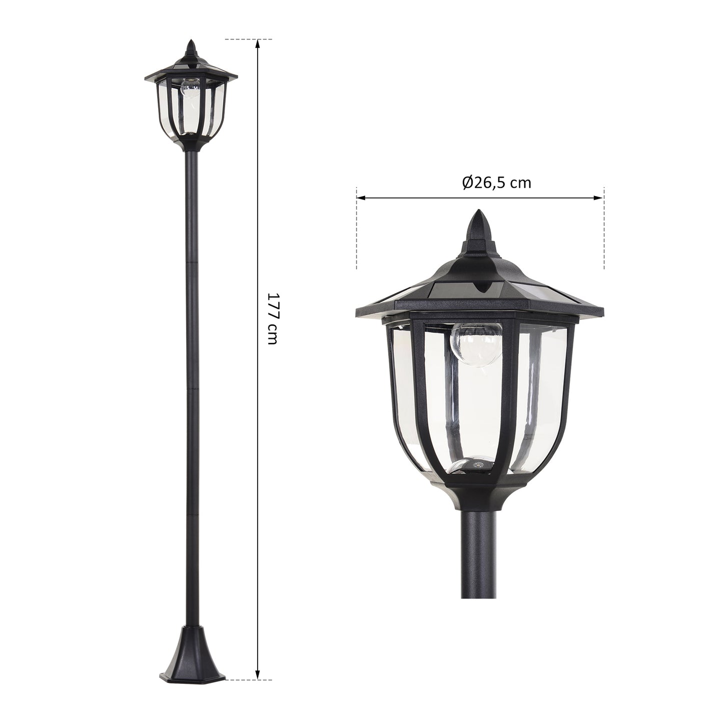 Outsunny Solar LED Tuinlantaarn, Kunststof Lantaarn, Buitenlamp voor Binnen en Buiten, 177 cm Hoog, Tuinlamp, 30/60 Lumen, voor Tuinbalkon Decoratie, Zwart