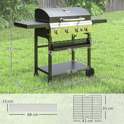 Outsunny Gasgrill, BBQ-grill, 4 hoofdbranders, 1 zijbrander, 1 warmhoudplaat; 135 x 55 x 103 cm, zwart
