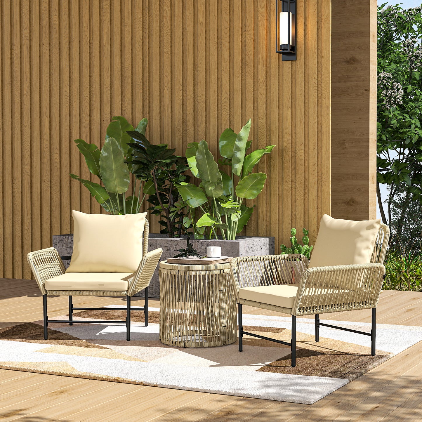 Outsunny polyrattan tuinmeubelset, tuinbalkonmeubel voor 2 personen, 3-delige set met 2 stoelen, bijzettafel en zitkussens