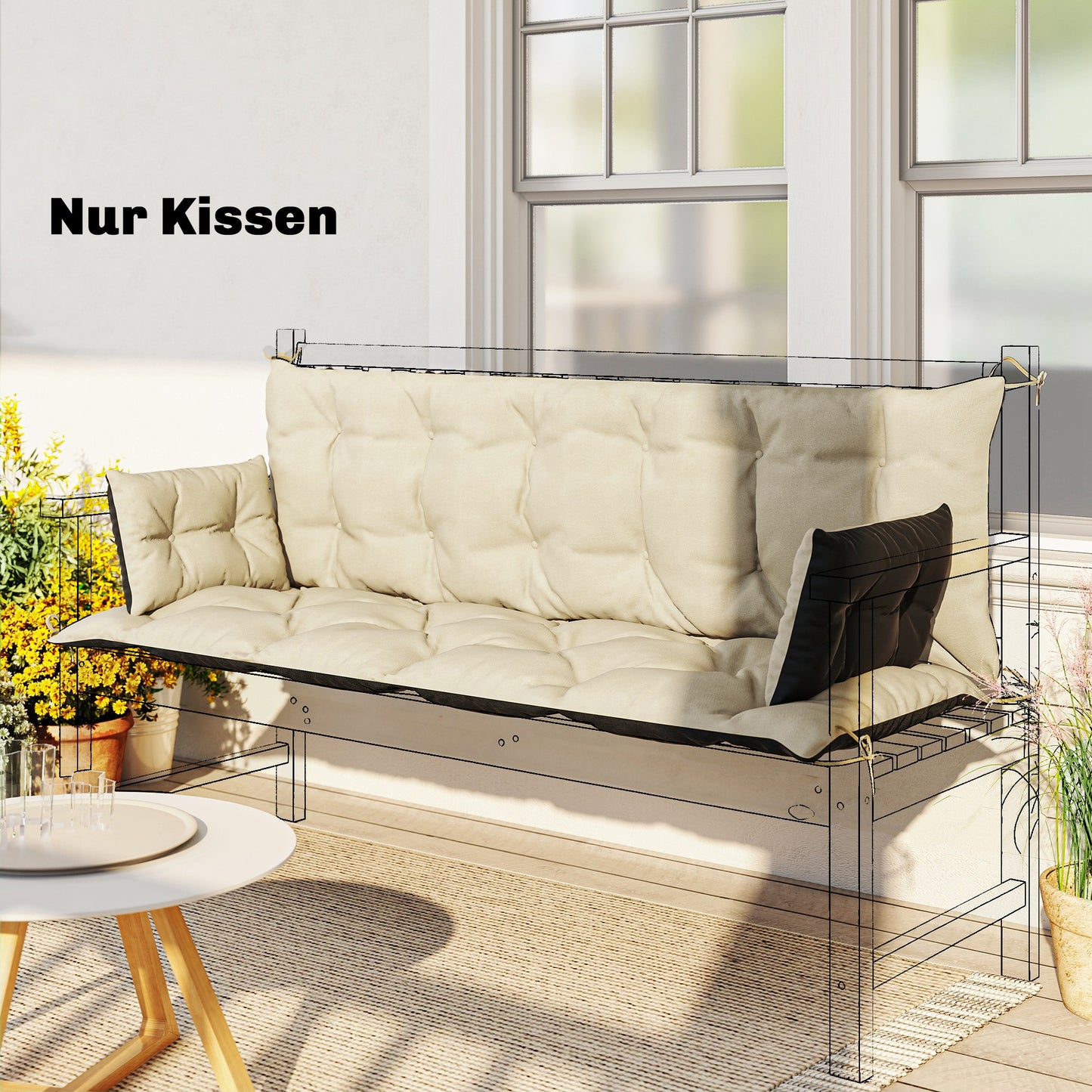 Outsunny Outdoor Kussenset voor Bank of Hollywood Schommel, Tweekleurig, Polyester, Schuim, 180 x 110 x 8 cm, Beige+Zwart