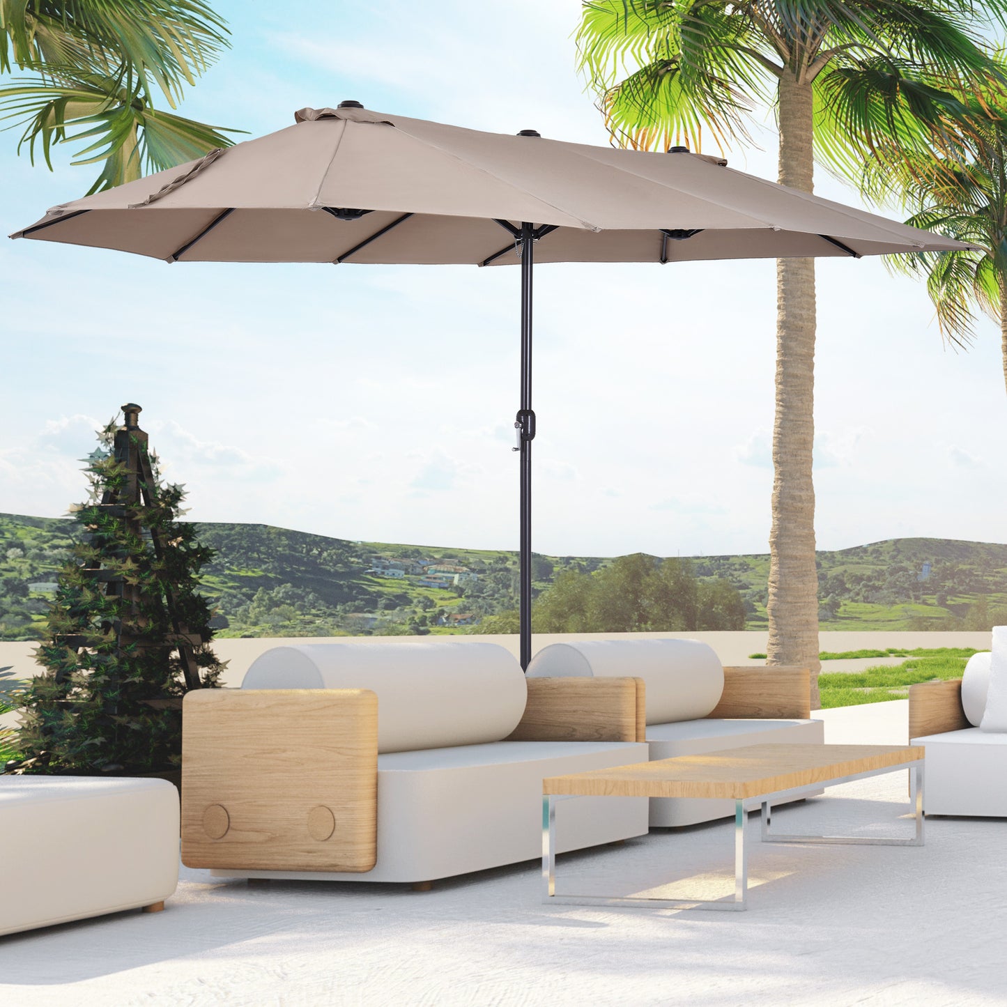 Outsunny Dubbele Parasol 455 x 270 cm Tuinparasol met Handzwengel, Ovaal, Stevig, Metalen Paal, Marktparasol, Dubbele Parasol, Terrasparasol, Zonwering voor Strand, Balkon, Terras, Tuin, Lichte Koffie