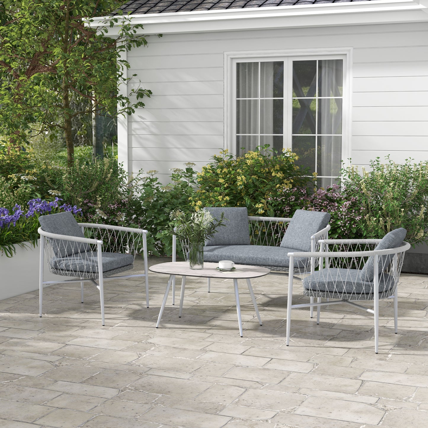 Outsunny tuinmeubelset, 4-delig, schommelfunctie, zitkussens, polyrotan, metalen frame, grijs