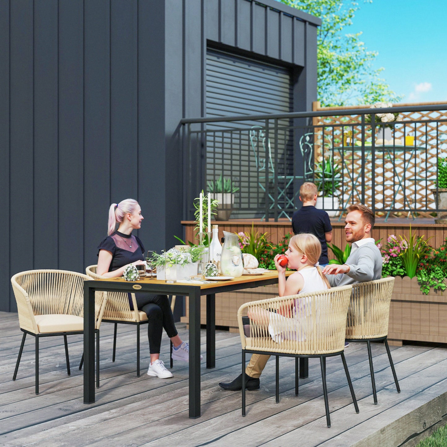 Outsunny 5-delige tuinset, 4 stoelen, 1 tafel, kunstrotan, stalen frame, wasbare kussens, voor terras, kaki