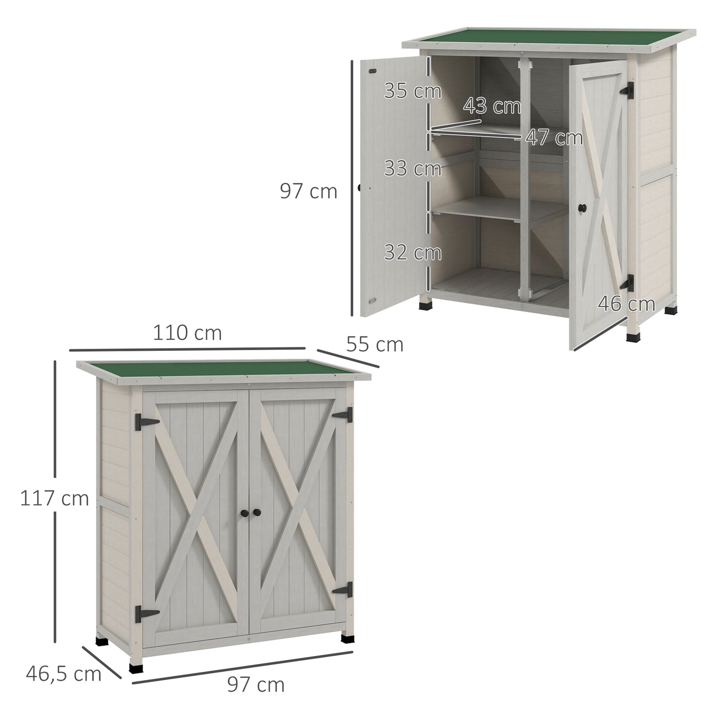 Outsunny houten tuinhuis met 2 deuren, tuinhuis met asfalt dak, 110 x 55 x 117 cm, lichtgrijs