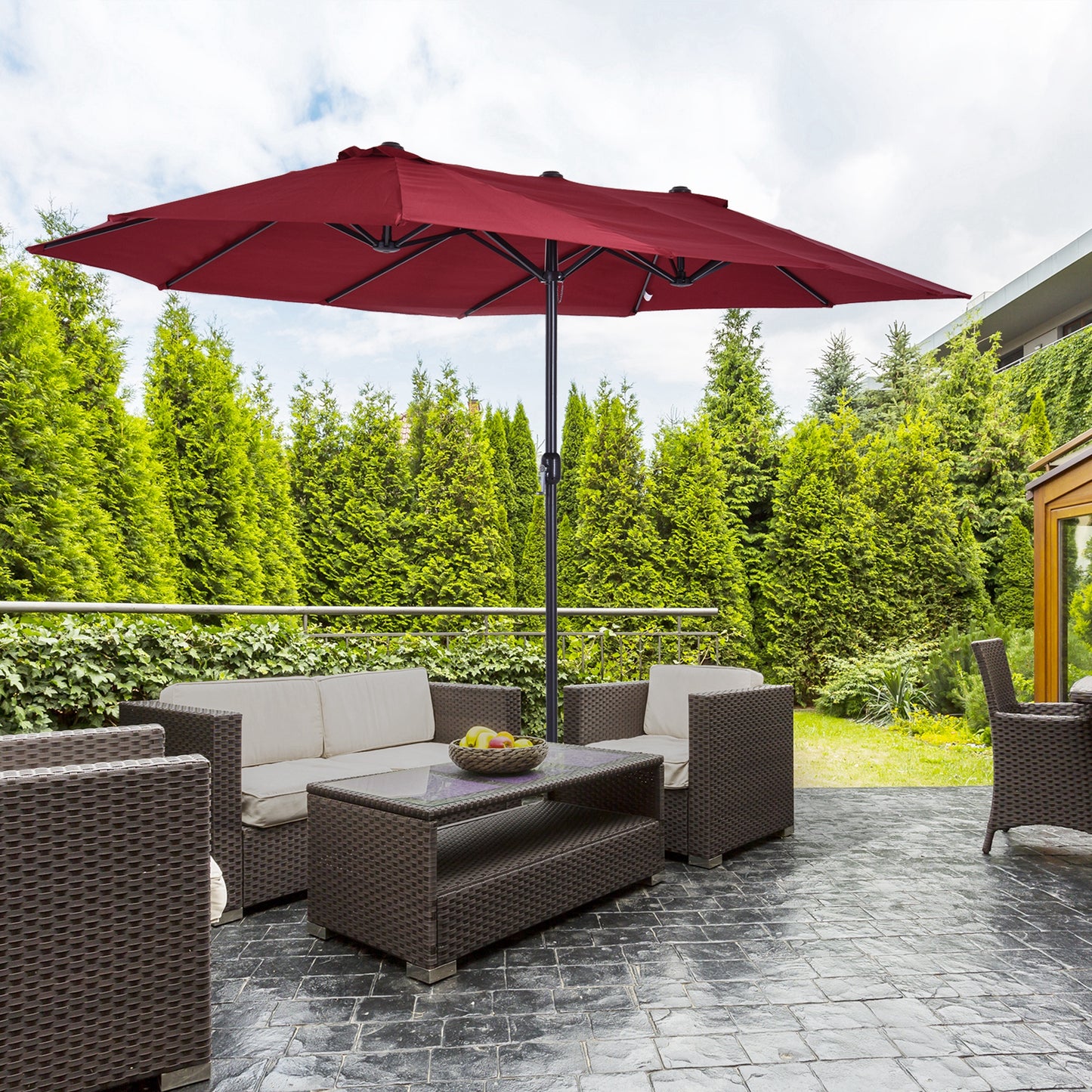 Outsunny Dubbele Parasol 455 x 270 cm Tuinparasol met Handzwengel, Ovaal, Stevig, Metalen Paal, Marktparasol, Dubbele Parasol, Terrasparasol, Zonwering voor Strand, Balkon, Terras, Tuin, Wijnrood