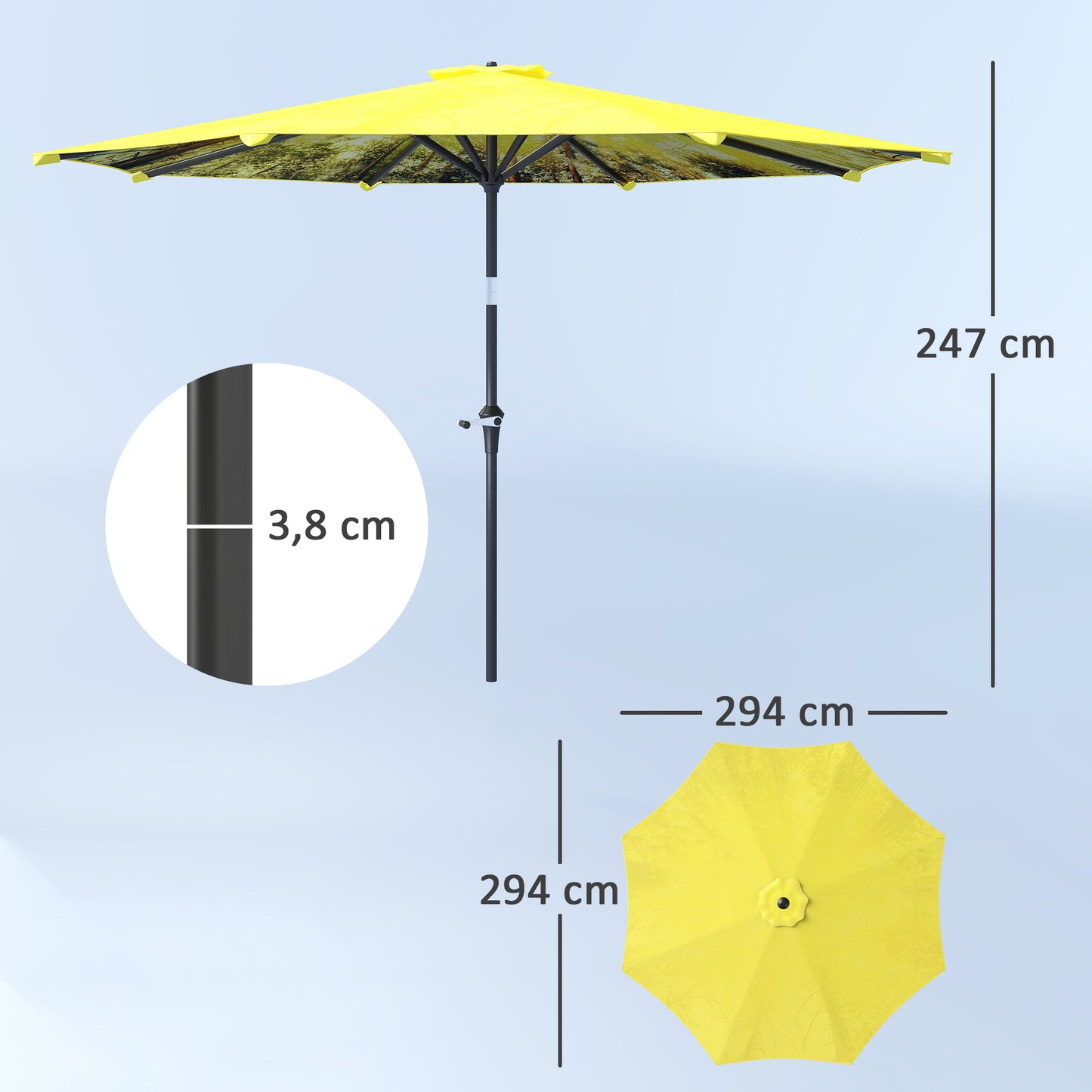 Outsunny Parasol Ø300 cm, Parasol met Handzwengel, Achthoekige Balkonparasol Geel
