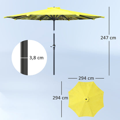 Outsunny Parasol Ø300 cm, Parasol met Handzwengel, Achthoekige Balkonparasol Geel