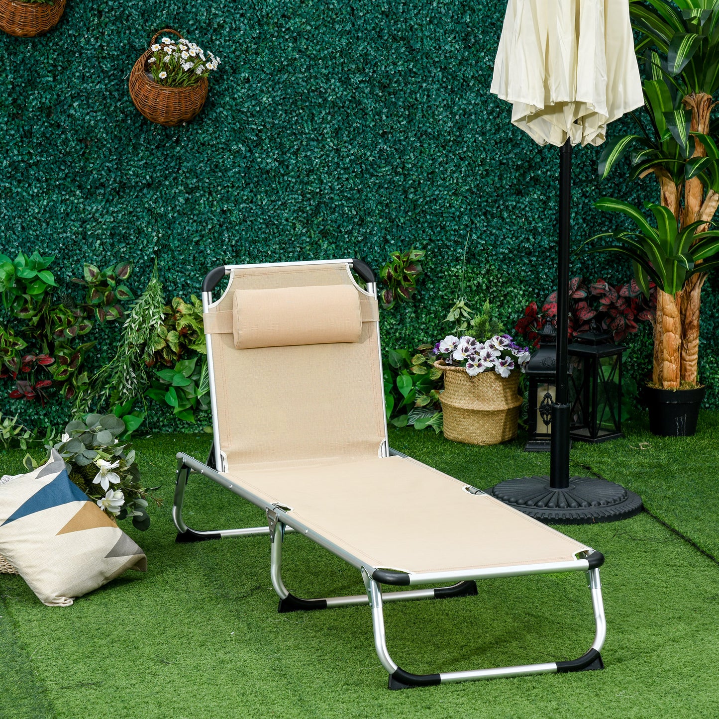 Outsunny Opvouwbare ligstoel, Tuinligstoel met hoofdsteun, Ergonomische relaxstoel met 4-standen verstelbare rugleuning, Aluminium, Draagvermogen tot 120 kg, voor tuin, terras, zwembad, strand, Beige