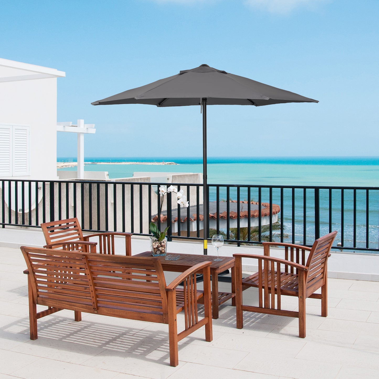 Outsunny Parasol Ø196 cm, zeshoekige balkonparasol voor strand, balkon, tuin, donkergrijs