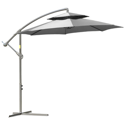 Outsunny Parasol Zwenkparasol Ø2,67 x 2,45 m Zwengelparasol met dubbele kap Kruisvoet Staal Buitenzonwering Polyester Staal Lichtgrijs