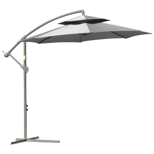 Outsunny Parasol Zwenkparasol Ø2,67 x 2,45 m Zwengelparasol met dubbele kap Kruisvoet Staal Buitenzonwering Polyester Staal Lichtgrijs