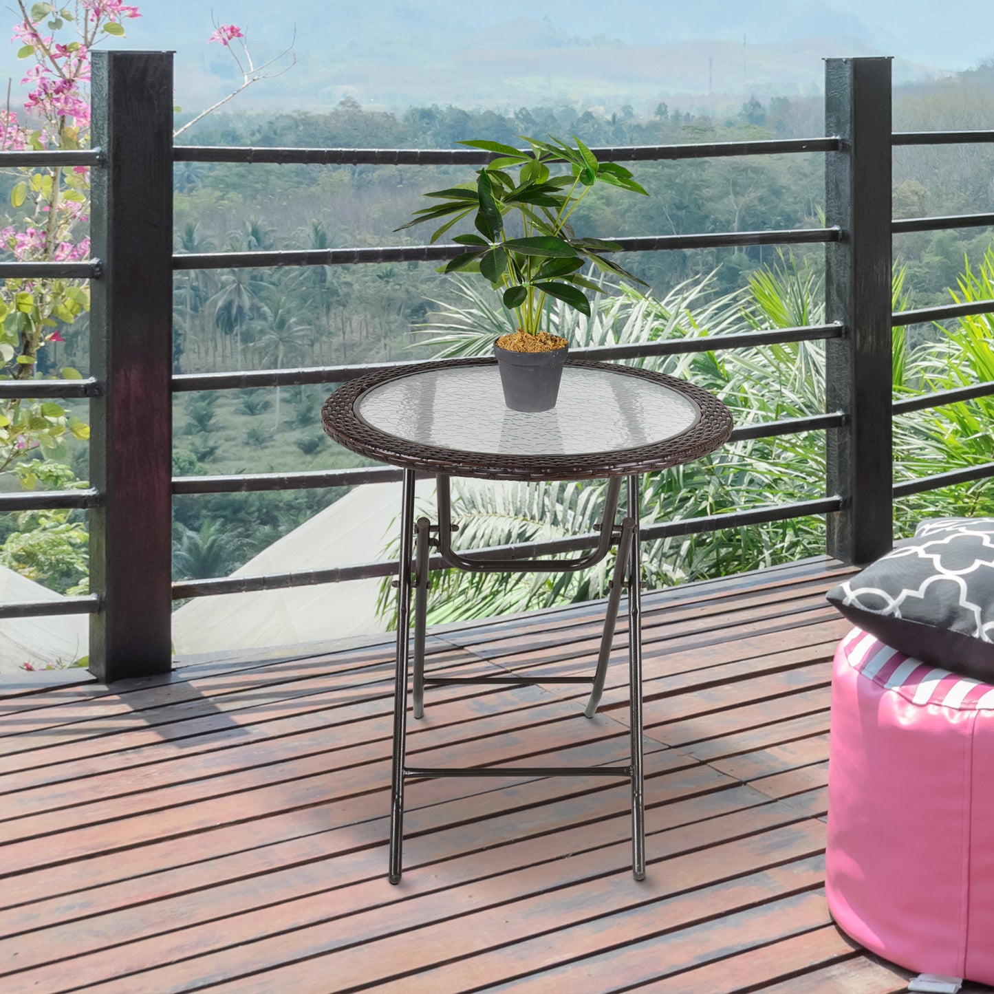Outsunny opvouwbare tuintafel, tafelblad van gehard glas, stalen frame, rotan decor, bruin, 68 x 68 x 73 cm