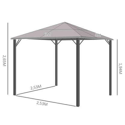 Outsunny paviljoen met polycarbonaat dak, gordijnen met klamboe, aluminium frame, donkergrijs, 3 x 3 m
