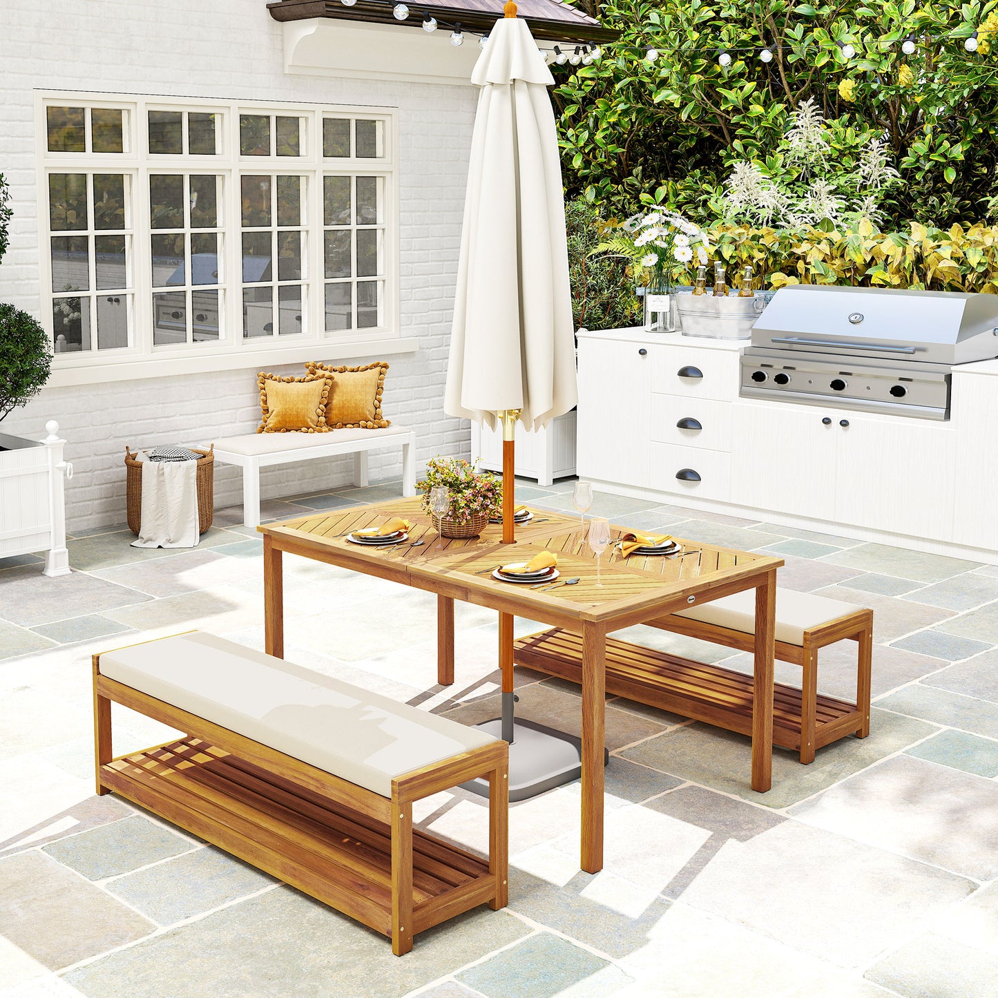 Outsunny 3-delige tuinmeubelset, zitset inclusief 1 eettafel met parasolgat, 2 banken 150 x 85 x 75 cm teak