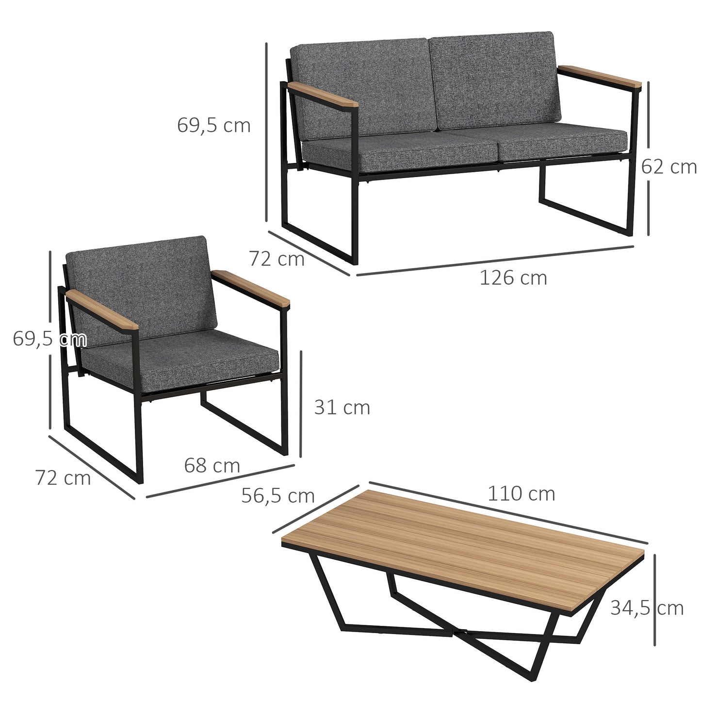 Outsunny 4-persoons tuinmeubelset, weerbestendige balkonmeubelset met 2-zitsbank, 2 stoelen, zitkussens en bijzettafel, grijs
