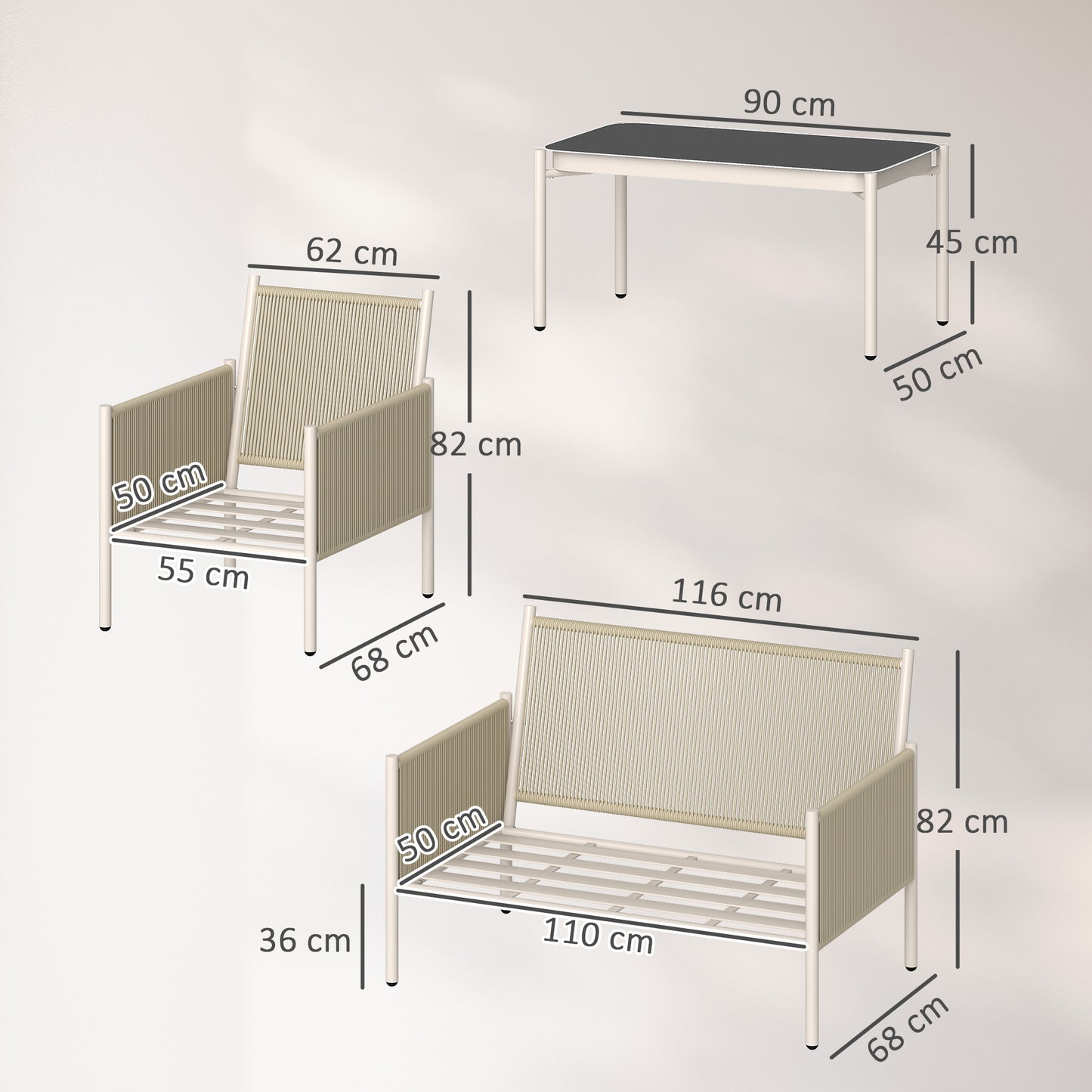 Outsunny tuinmeubelset van polyrotan loungeset met 2-zitsbank, fauteuil, glazen tafel, kussens, 4 personen, bruin+grijs