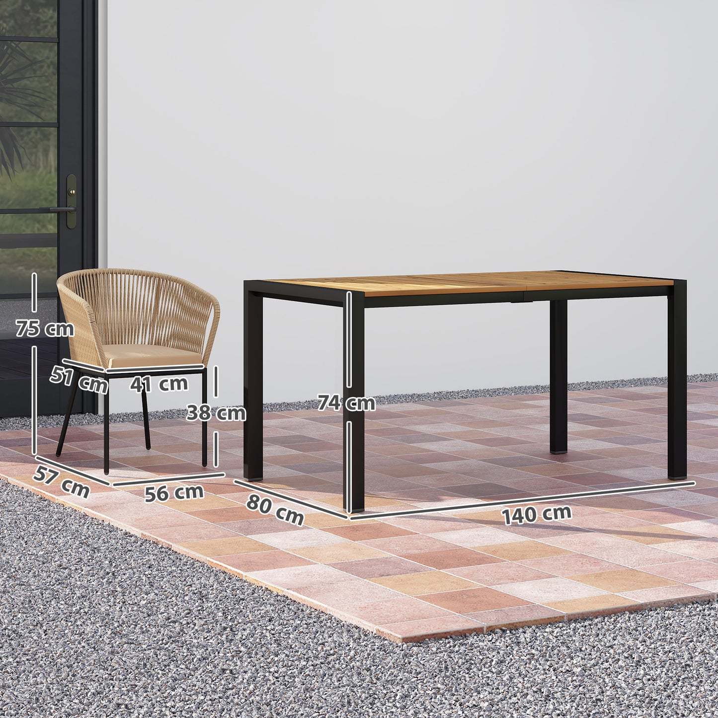 Outsunny 5-delige tuinset, 4 stoelen, 1 tafel, kunstrotan, stalen frame, wasbare kussens, voor terras, kaki
