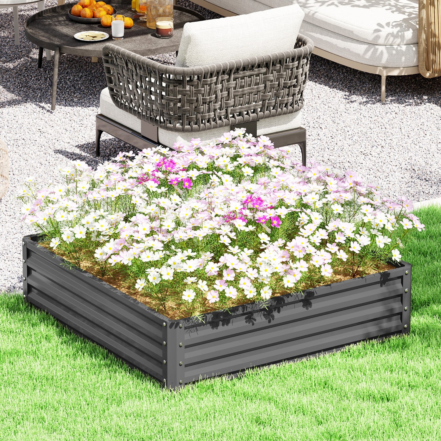 Outsunny tuinbed, plantenbak met stalen omkasting, lichtgrijs, 120 x 120 x 30 cm