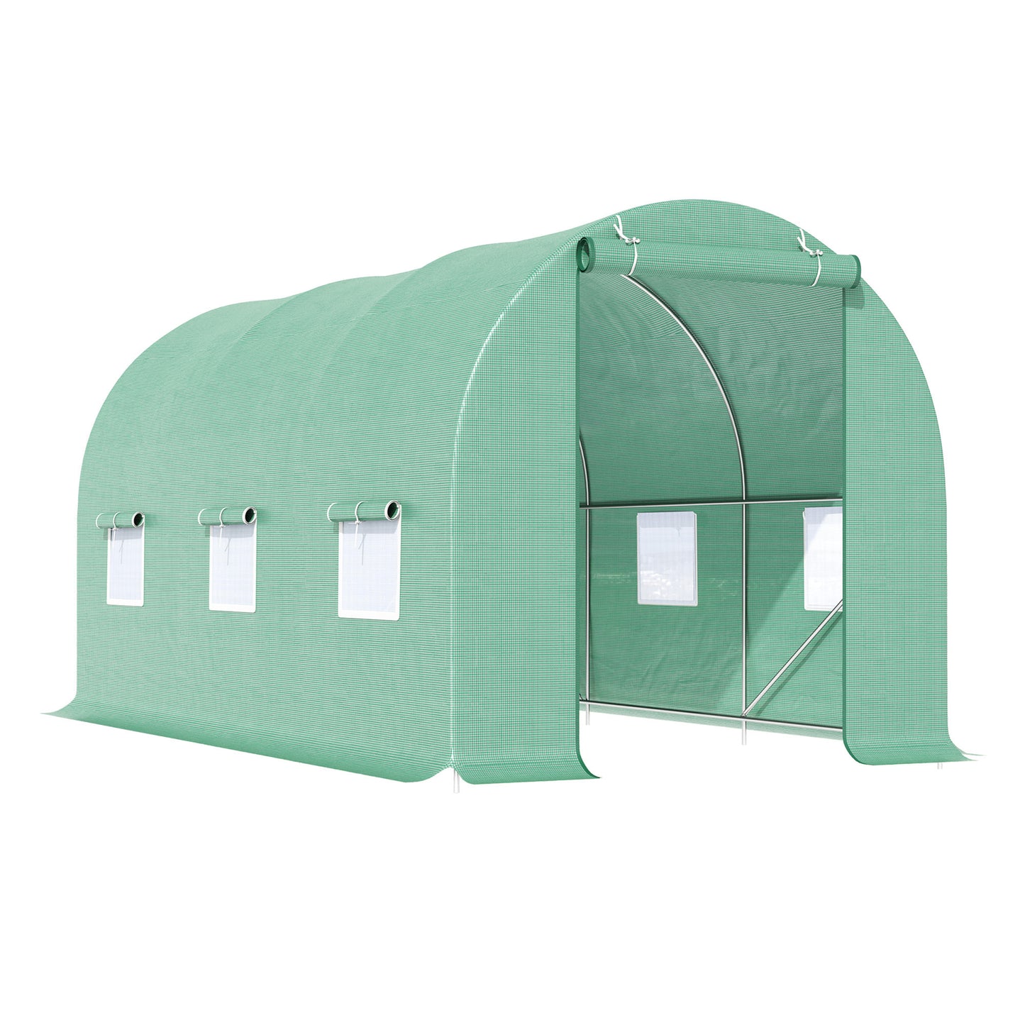 Outsunny Kas 445x190x200cm, Polytunnel Tomatenkas, Deur met Muggennet, Raam, Polytunnel van Gegalvaniseerd Staal, Stevige Planttunnel, Kas incl. Grondankers en Touwen, Groen