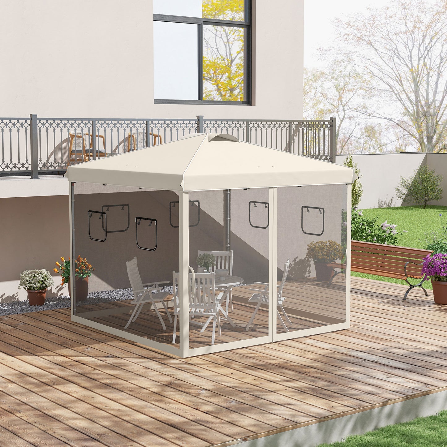 Outsunny opvouwbare paviljoen, in hoogte verstelbaar, gaasgordijnen, draagtas, metalen frame, 3 x 3 x 3 m, beige