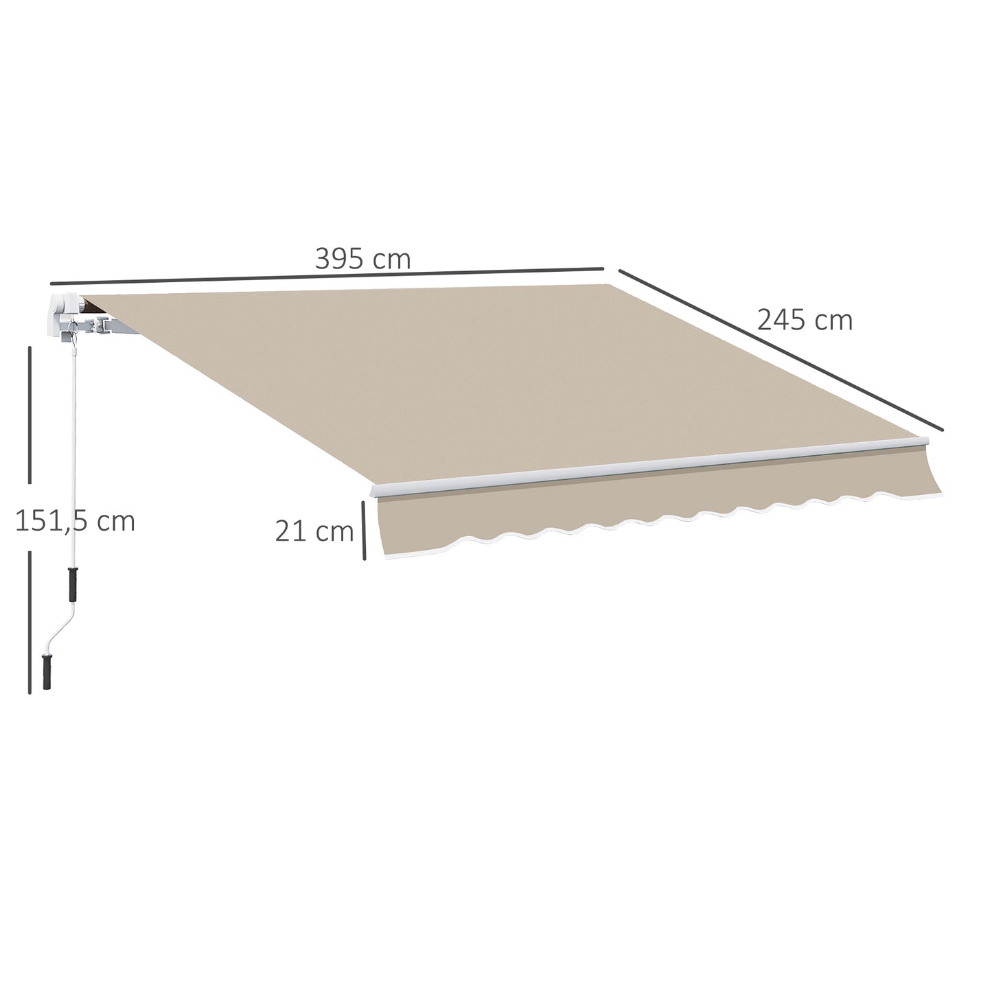 Outsunny zonnescherm, zonnekap, uitschuifbaar, met handzwengel, metalen frame, polyester, wit+beige, 3,95 x 2,45 m