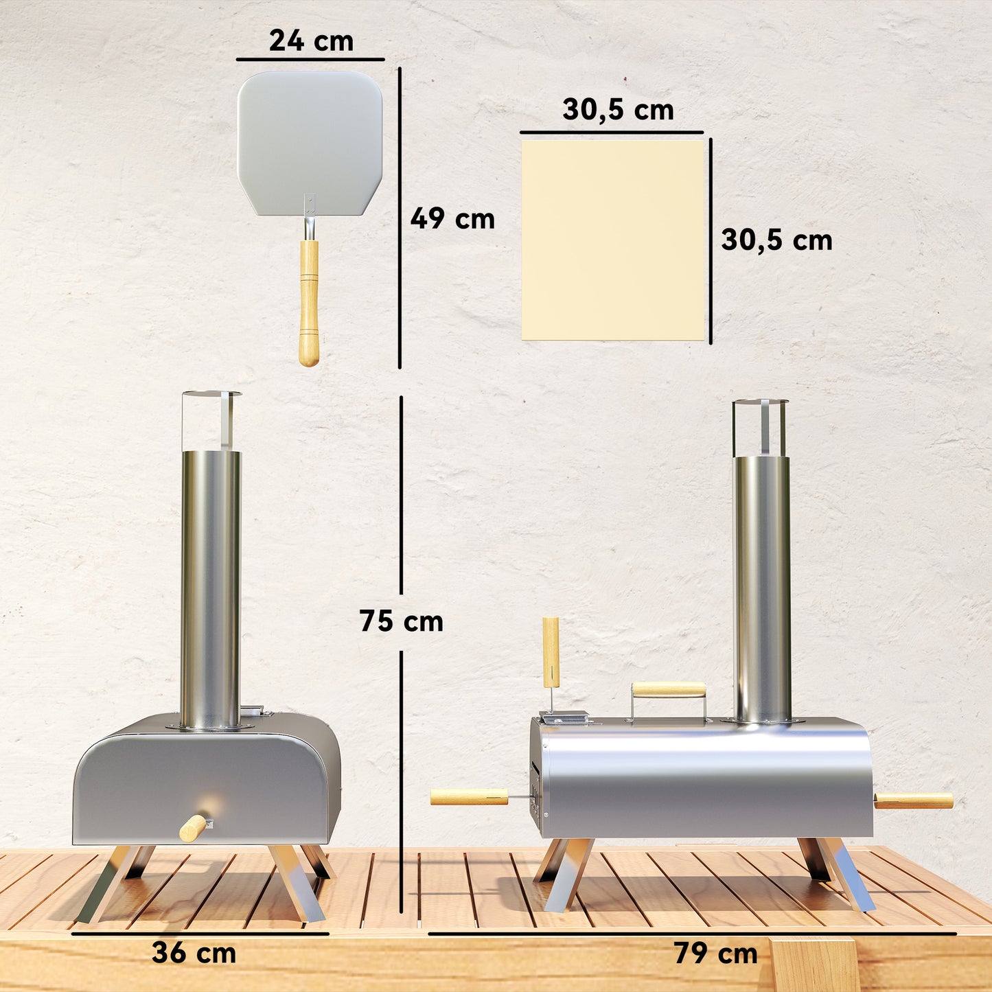Outsunny Outdoor Pizza Oven, Draagbare Pizza Oven met Pizzasteen en Schop, Opvouwbare Poten, Schoorsteen, Roestvrij Staal