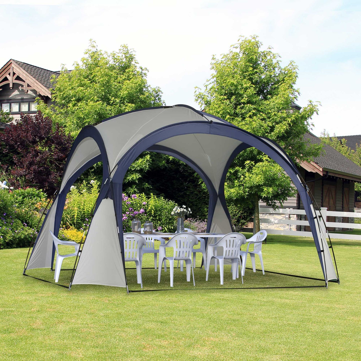 Outsunny koepeltent voor 6-8 personen, paviljoen, bescherming tegen zon en motregen, 3,5 x 3,5 x 2,22 m, crèmewit