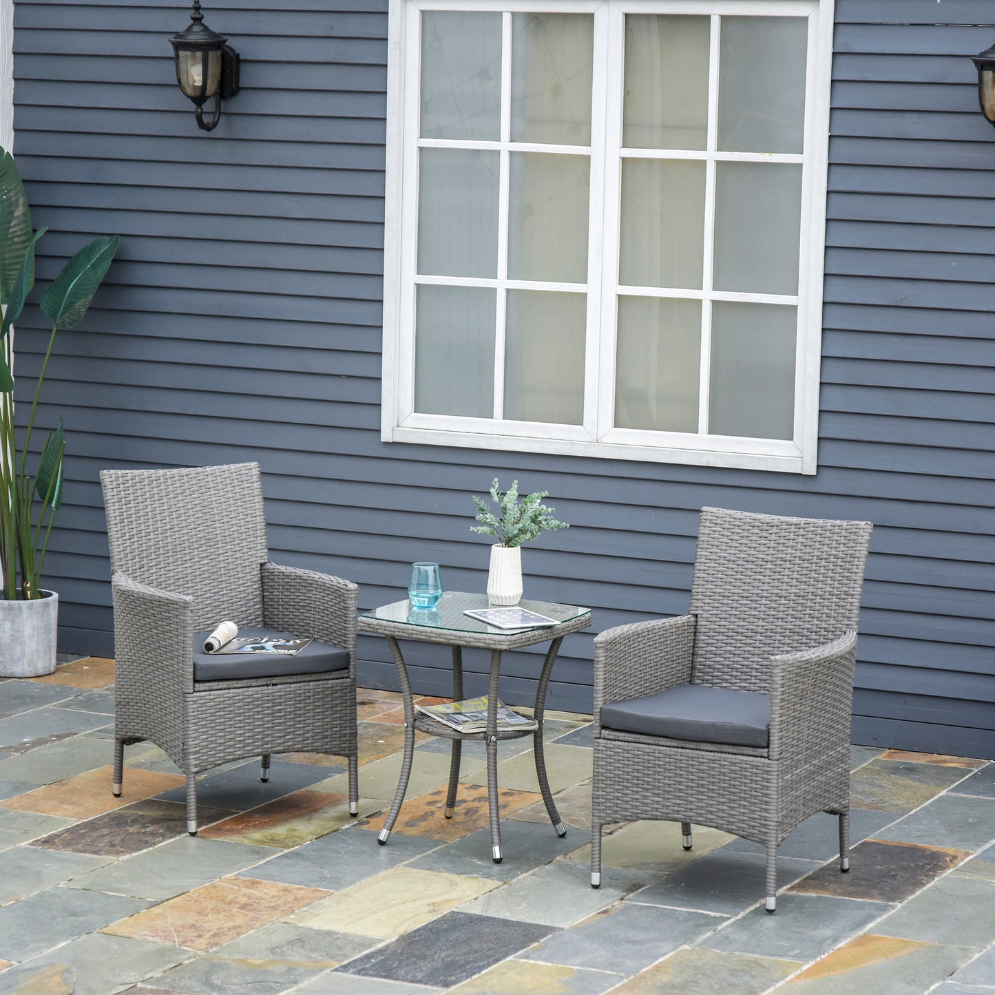 Outsunny Polyrattan Tuinmeubelset, Tuinmeubilair voor 2 Personen, 3-delige Zitgroep, 2 Stoelen, Tafel, Zitkussens, Tuinlounge voor Tuin, Terras, Balkon, Grijs