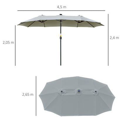 Outsunny Parasol met LED Solar 4,5m Dubbele Parasol Tuinparasol Marktparasol Patioparasol Ovaal Lichtgrijs+Zwart