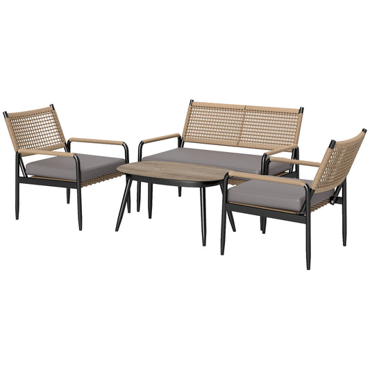 Outsunny tuinmeubelset van polyrotan loungeset met 2-zitsbank, fauteuil, glazen tafel, kussens voor 4 personen, donkergrijs + geel