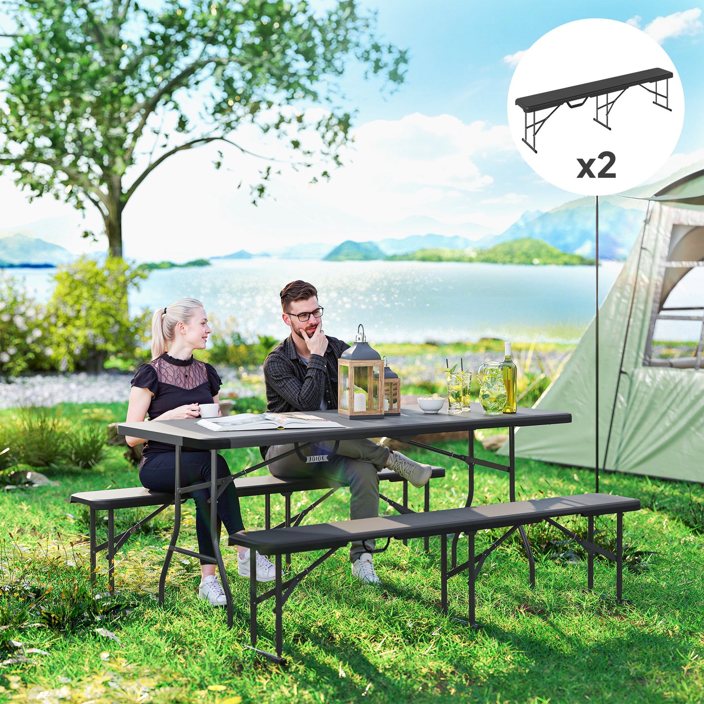 Outsunny Campingbank, Kunststof Buitenbank, Draagvermogen 240 kg, Zwart
