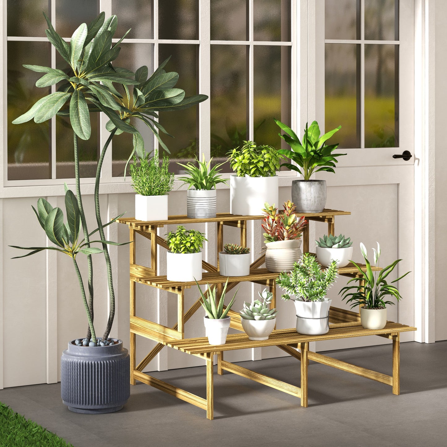 Outsunny Plantenstandaard, Bloemenstandaard, Bloemenplank, Plantenplank, Bloemenstandaard, 3 lagen, Dennenhout, 120 x 80 x 78 cm