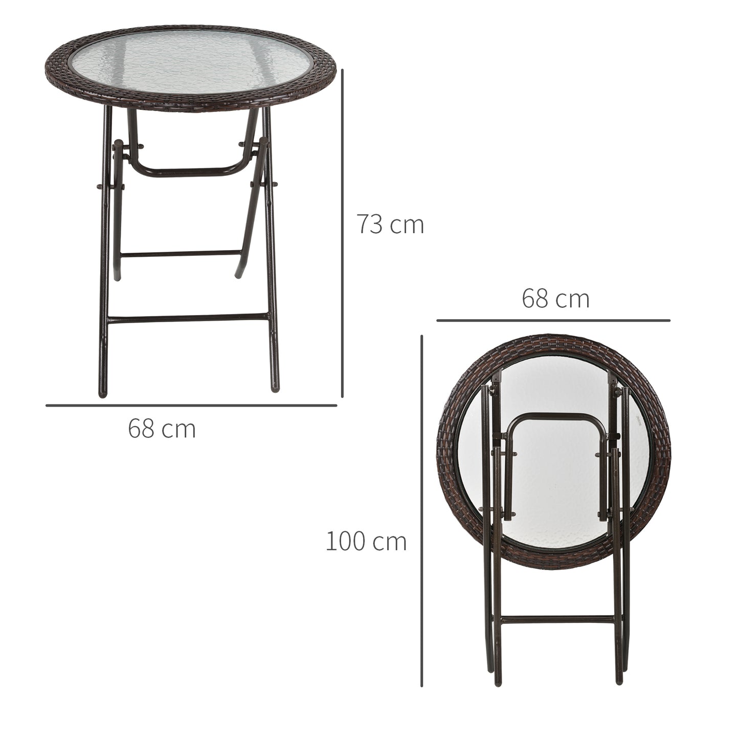 Outsunny opvouwbare tuintafel, tafelblad van gehard glas, stalen frame, rotan decor, bruin, 68 x 68 x 73 cm