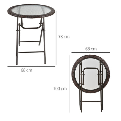 Outsunny opvouwbare tuintafel, tafelblad van gehard glas, stalen frame, rotan decor, bruin, 68 x 68 x 73 cm