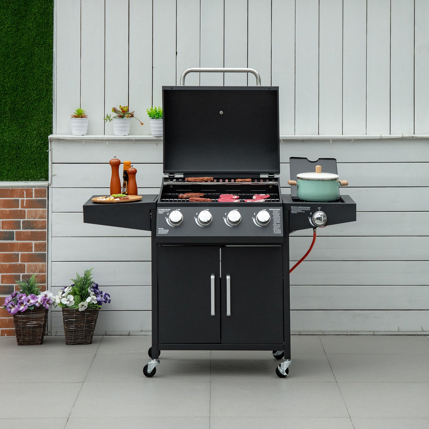 Outsunny gasbarbecue met 3 branders, 3 kW per stuk, mobiele grillwagen met 4 wielen, grillrooster, zijtafels, drukregelaar, slangen, kast, multifunctioneel, metaal, zwart, 132,4 cm x 55 cm x 109 cm